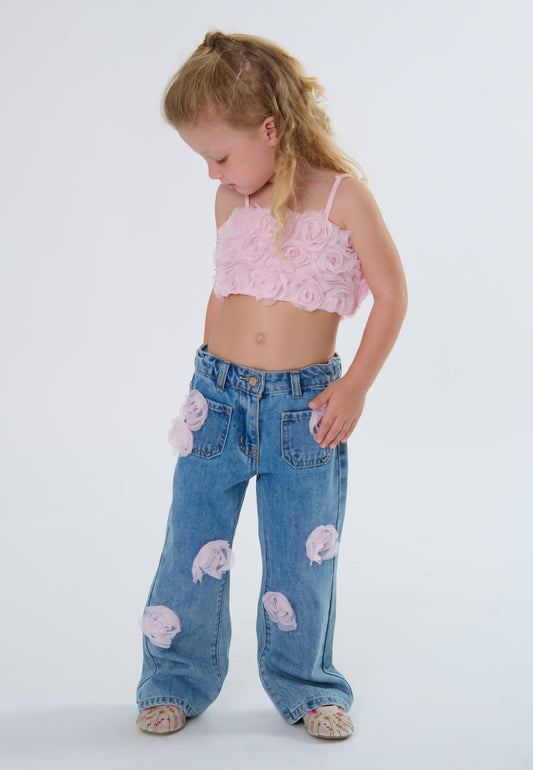 Jeans Bambina TOBETOO Rosa con Petali di Rose e Vita Regolabile - OOPS by BabyBimbo 0-16