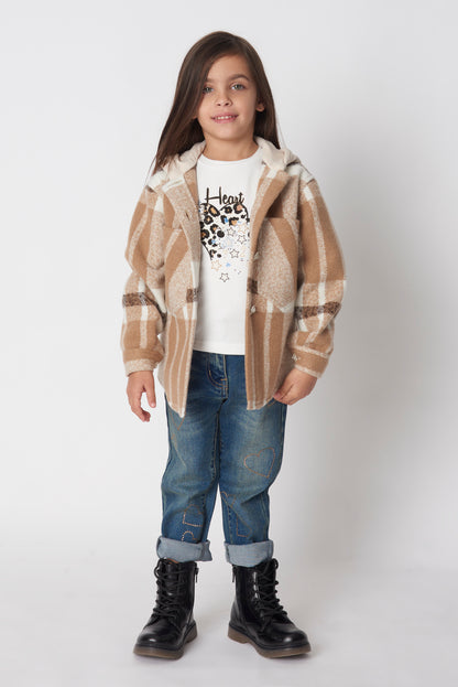 camicia , Camicia/giacca con cappuccio ragazza color beige da 3anni a 7anni Y-Clù YB20415 - BabyBimbo 0-16, abbigliamento bambini