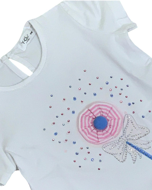 T-SHIRT BIANCA CON FIORE E BRILLANTINI- ELEGANZA QUOTIDIANA