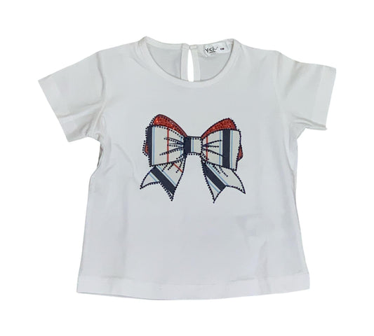 T-SHIRT BIANCA CON FIOCCO E BRILLANTINI