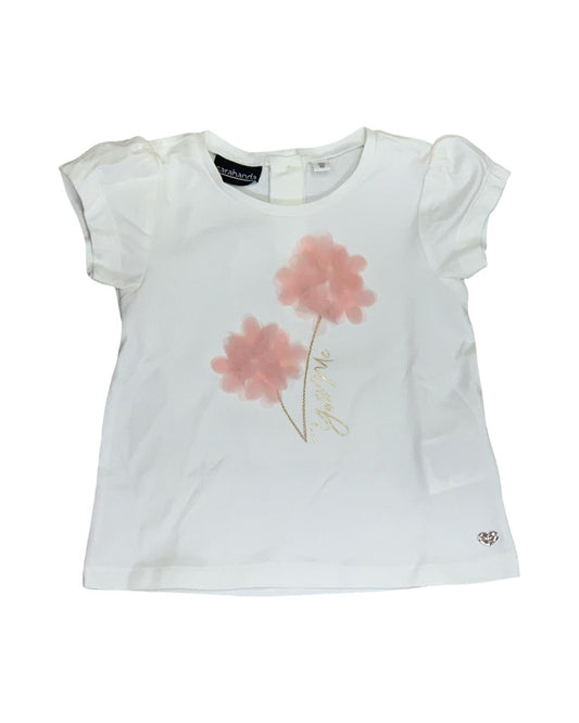 T-SHIRT COLORE LATTE CON I FIORI ROSA TULLE