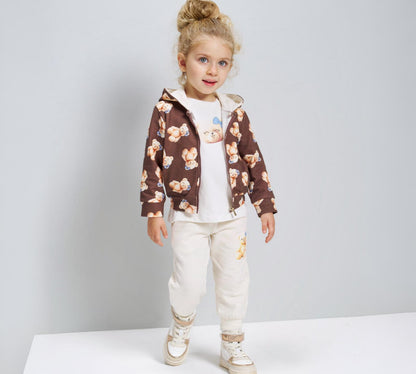 Tuta bambina beige con felpa con zip e pantaloni orsetti