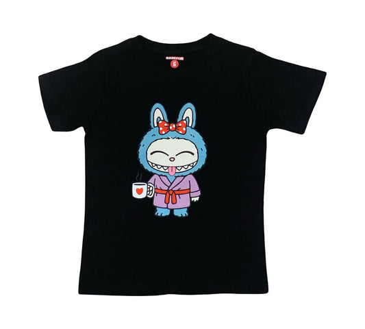 Maglietta Nera Unisex Bambini 2-14 Anni – Stampa Coniglio Buffo Stile Labubu