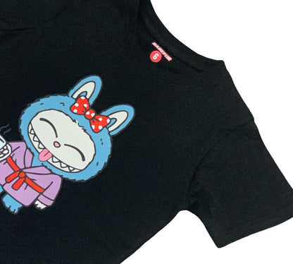 Maglietta Nera Unisex Bambini 2-14 Anni – Stampa Coniglio Buffo Stile Labubu