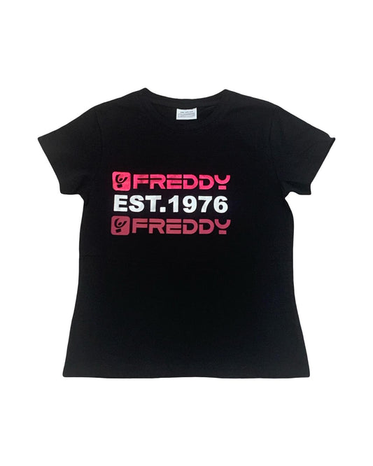 Maglietta Freddy Bambina Nera con Stampa Rosa – Cotone, Manica Corta