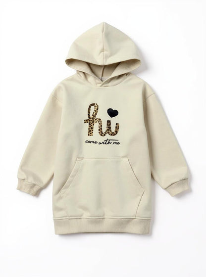 Felpa Oversize Bambina con Cappuccio Beige e Stampa "Hi" Maculata