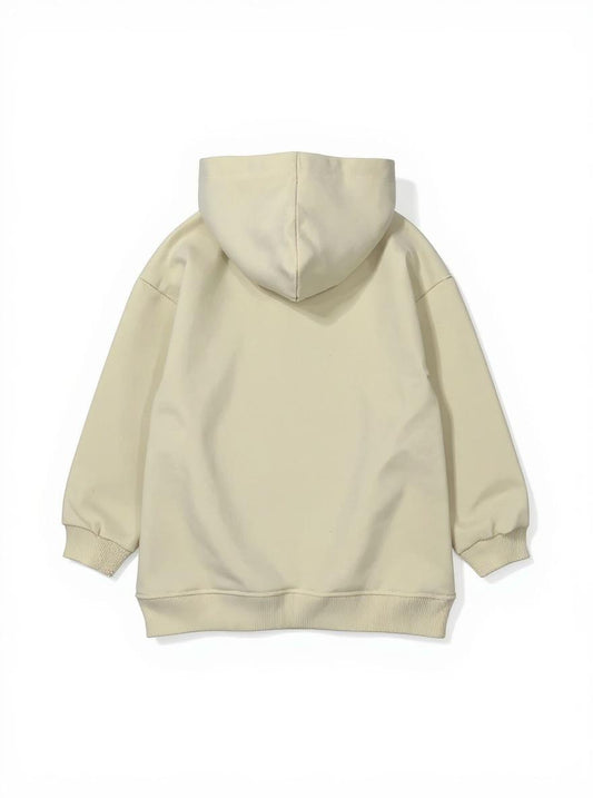 Felpa Oversize Bambina con Cappuccio Beige e Stampa "Hi" Maculata