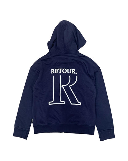 Felpa aperta blu con cappuccio foderato e logo bianco