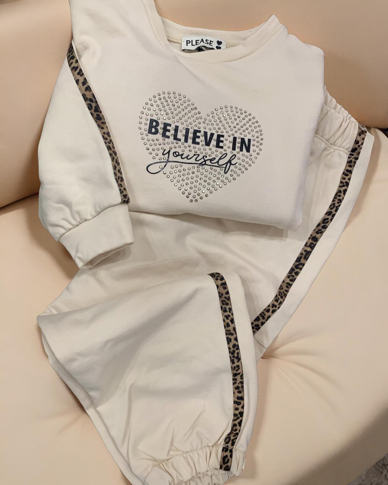 Tuta beige due pezzi bimba felpa e pantaloni con striscia laterale