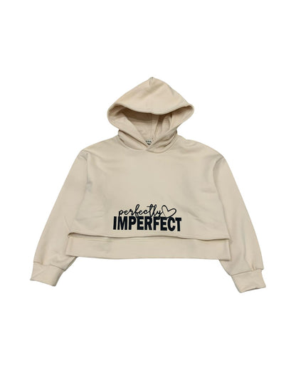Felpa Ecru Corta con Cappuccio e Scritta Nera per Ragazze 8–16 Anni