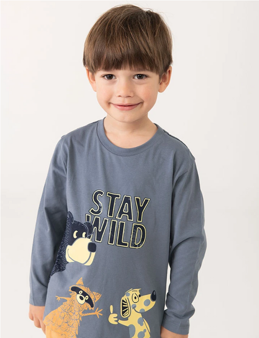 Maglietta blu bambino autunno inverno con stampa stay wild