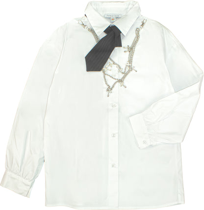 Camicia Ragazza TOBETOO Oversized Bianca con Cravatta Gessata e Catena