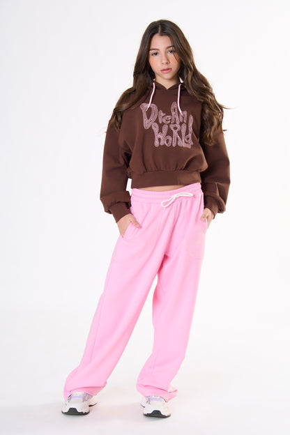 Felpa Ragazza TOBETOO con Cappuccio Cioccolato e Ricamo Rosa con Strass – Modello Corto