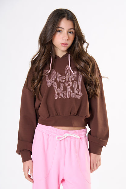 Felpa Ragazza TOBETOO con Cappuccio Cioccolato e Ricamo Rosa con Strass – Modello Corto