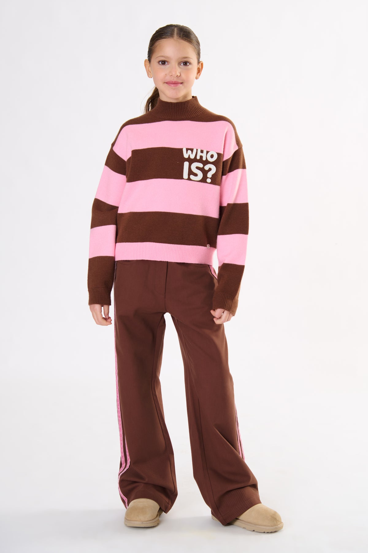 Maglia Ragazza TOBETOO a Righe Cioccolato e Rosa con Ricamo – Modello Teen