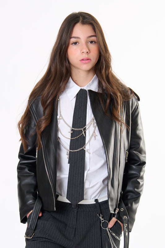 Camicia Ragazza TOBETOO Oversized Bianca con Cravatta Gessata e Catena - OOPS by BabyBimbo 0-16