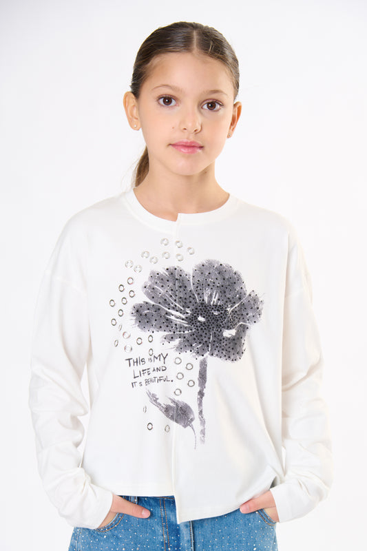 T-Shirt Ragazza TOBETOO Bianca con Stampa Frontale Grigia – Modello Teen - OOPS by BabyBimbo 0-16