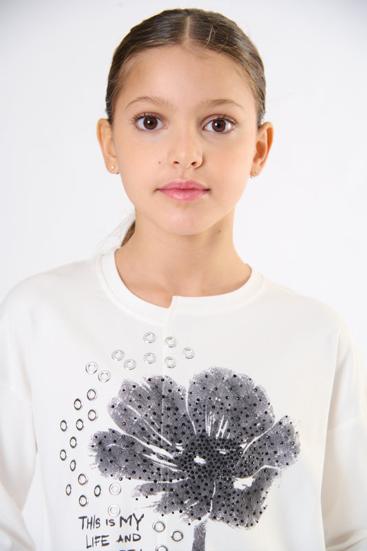 T-Shirt Ragazza TOBETOO Bianca con Stampa Frontale Grigia – Modello Teen - OOPS by BabyBimbo 0-16