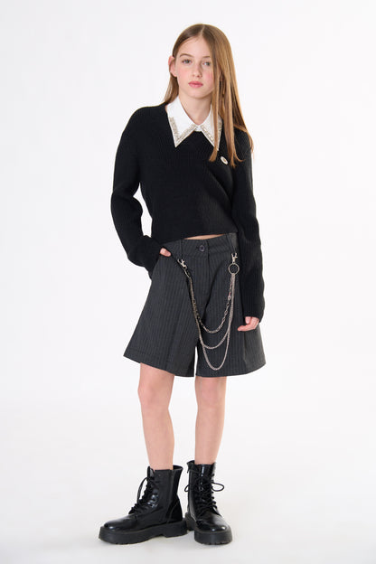 Bermuda Ragazza TOBETOO Gessato con Strass e Catena Staccabile – Modello Teen