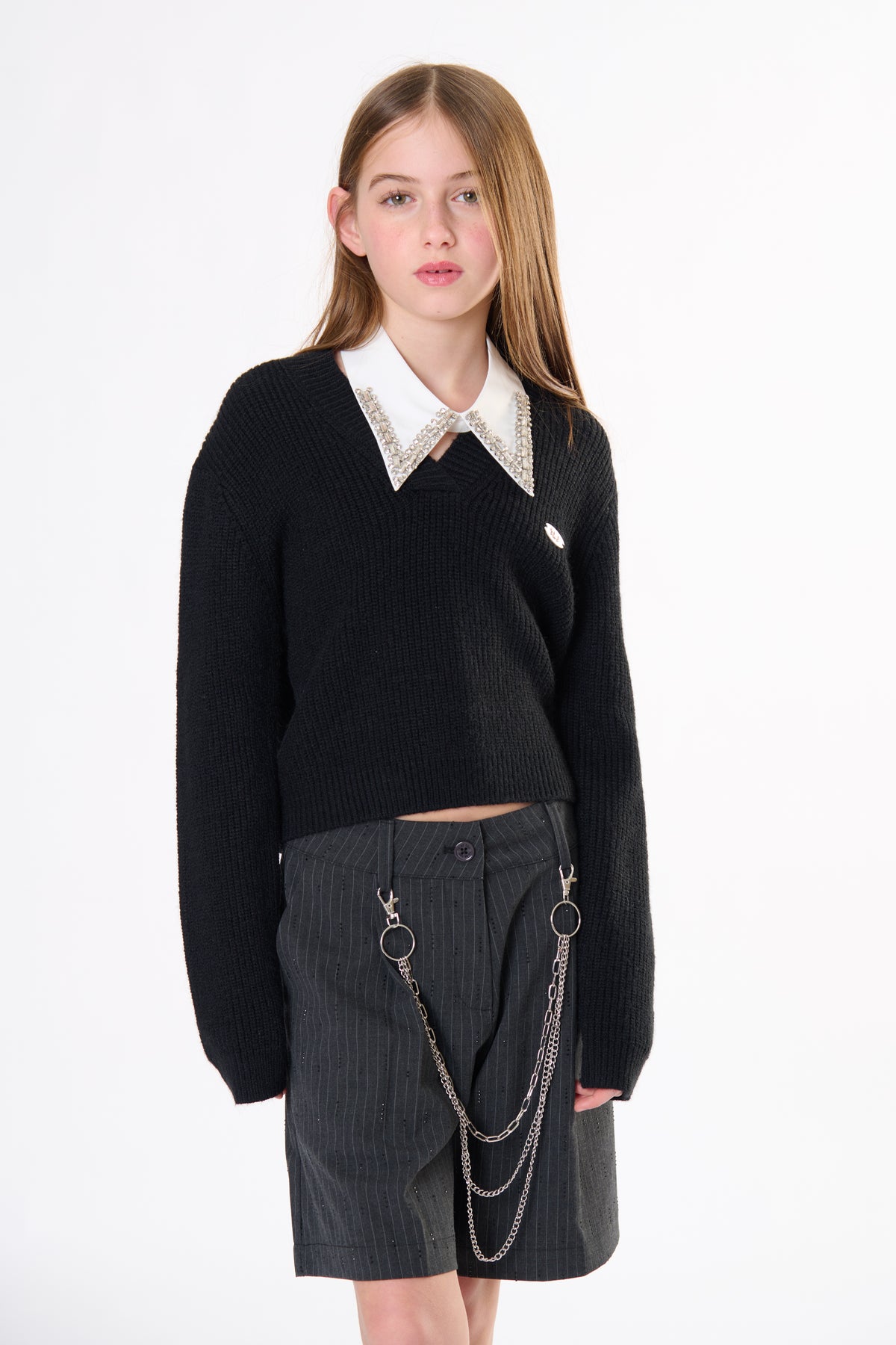 Bermuda Ragazza TOBETOO Gessato con Strass e Catena Staccabile – Modello Teen