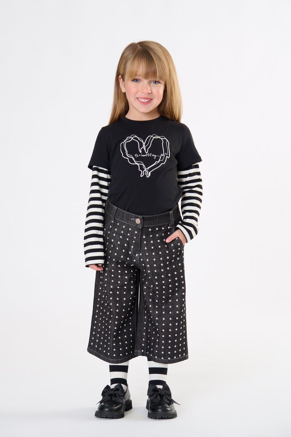 T-Shirt Bambina TOBETOO a Maniche Lunghe con Maniche a Righe e Stampa Grafica