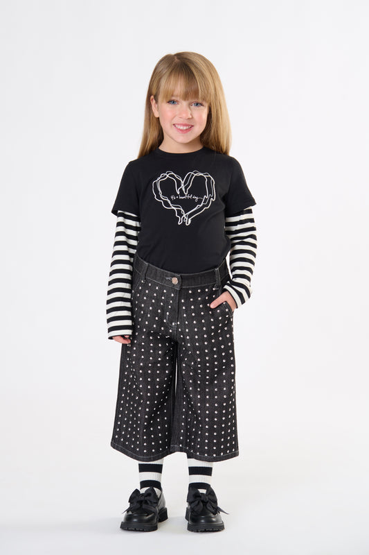 T-Shirt Bambina TOBETOO a Maniche Lunghe con Maniche a Righe e Stampa Grafica
