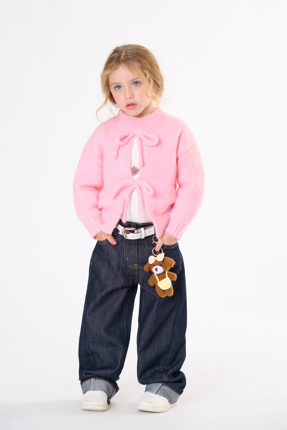 Jeans Bambina TOBETOO Over Lavaggio Scuro con Cintura Animalier e Charm Orsetto