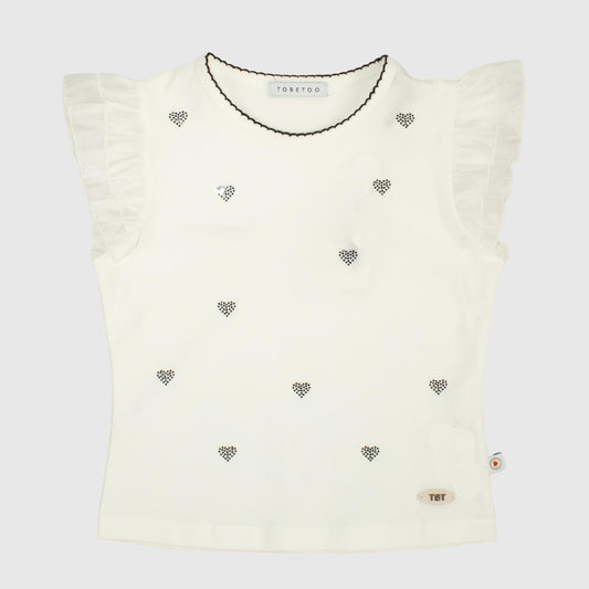 Maglietta Senza Maniche Latte con Cuori Brillantini e Volant – TOBETOO