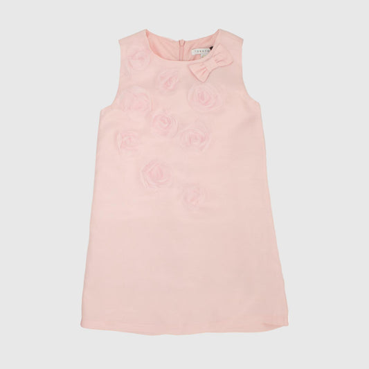 Abito Elegante Rosa Bimba con Rose Applicate e Fiocco - TOBETOO