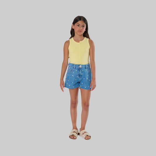 Shorts Denim Ragazza con Margherite Ricamate TOBETOO
