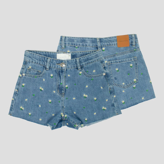 Shorts Denim Ragazza con Margherite Ricamate TOBETOO