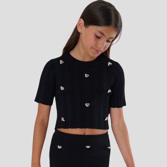 Maglia Corta Nera Ragazza con Cuori Argento TOBETOO