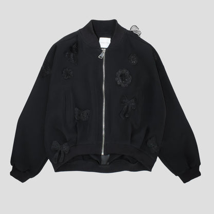 Giacca Bomber Oversize Nera Ragazza con Fiocchi e Fiori – TOBETOO