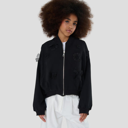 Giacca Bomber Oversize Nera Ragazza con Fiocchi e Fiori – TOBETOO