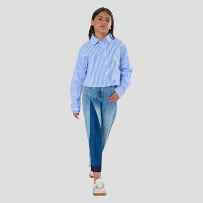 Camicia Corta Ragazza Celeste Gessata con Stelle Ricamate – TOBETOO