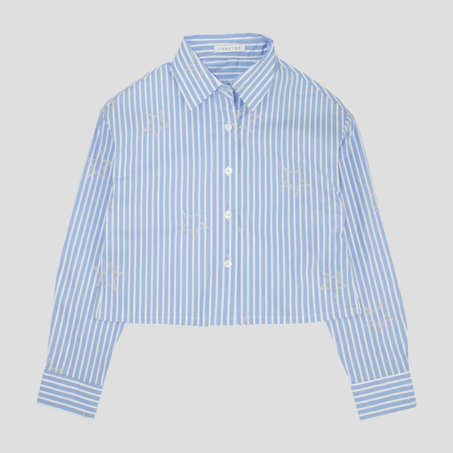 Camicia Corta Ragazza Celeste Gessata con Stelle Ricamate – TOBETOO