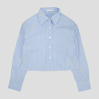 Camicia Corta Ragazza Celeste Gessata con Stelle Ricamate – TOBETOO