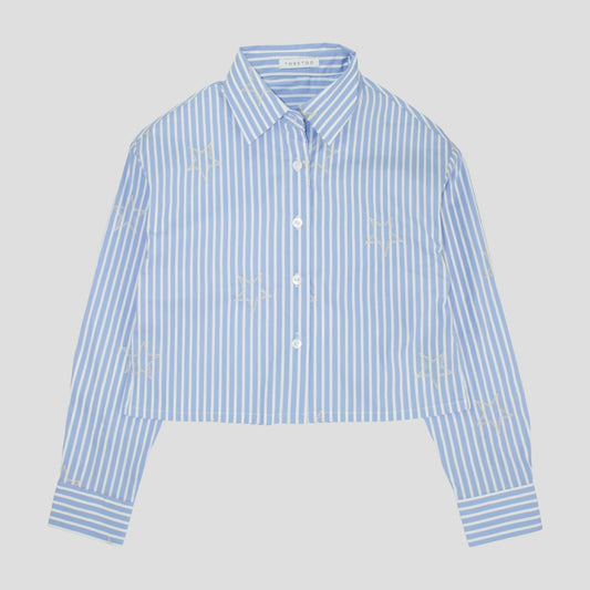 Camicia Corta Ragazza Celeste Gessata con Stelle Ricamate – TOBETOO