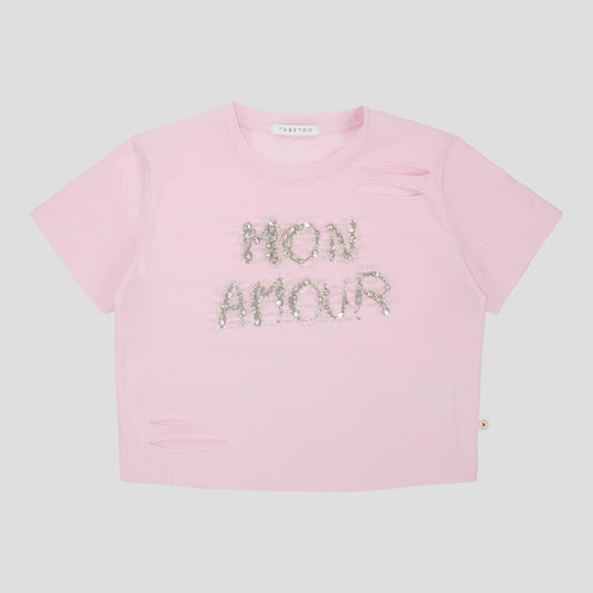 T-shirt Corta Ragazza Rosa “MON AMOUR” con Strappi e Brillantini – TOBETOO