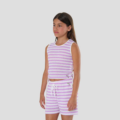 Completo Estivo Ragazza Bianco e Glicine Rigato con Top e Shorts – TOBETOO