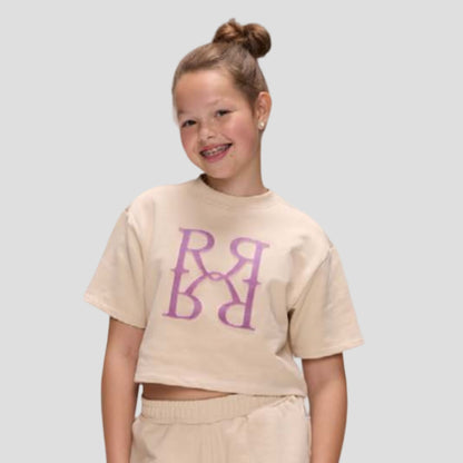 Felpa beige in cotone organico con logo velluto in rilievo - RETOUR - OOPS by BabyBimbo 0-16