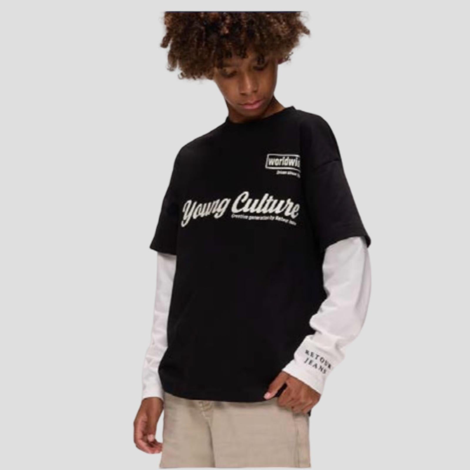 T-Shirt 2 in 1 Ragazzo Nera con Maniche Lunghe – Stile Streetwear - RETOUR - OOPS by BabyBimbo 0-16