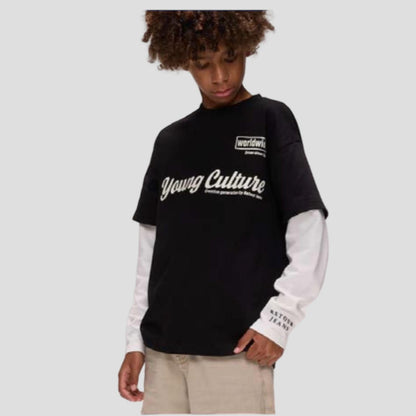 T-Shirt 2 in 1 Ragazzo Nera con Maniche Lunghe – Stile Streetwear - RETOUR - OOPS by BabyBimbo 0-16
