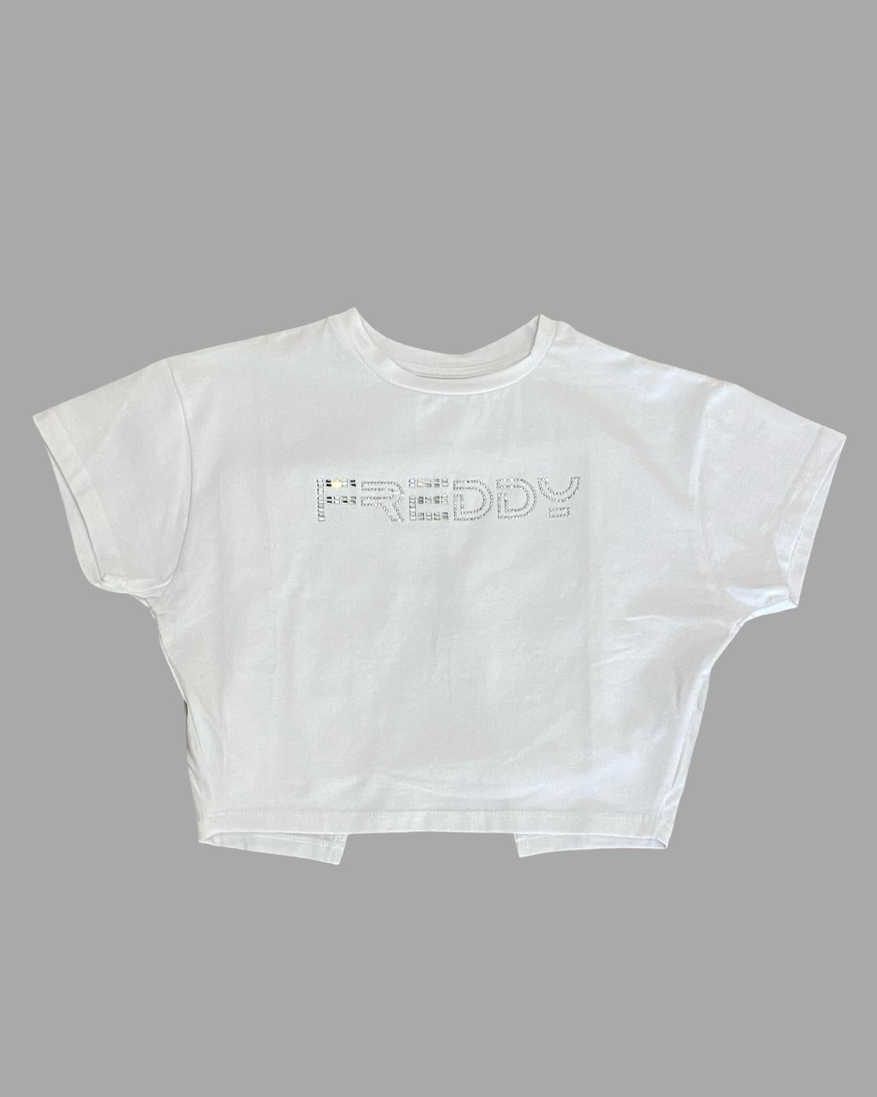 T-Shirt Corta Ragazza Bianca con Logo Brillantini e Schiena Aperta- FREDDY - OOPS by BabyBimbo 0-16