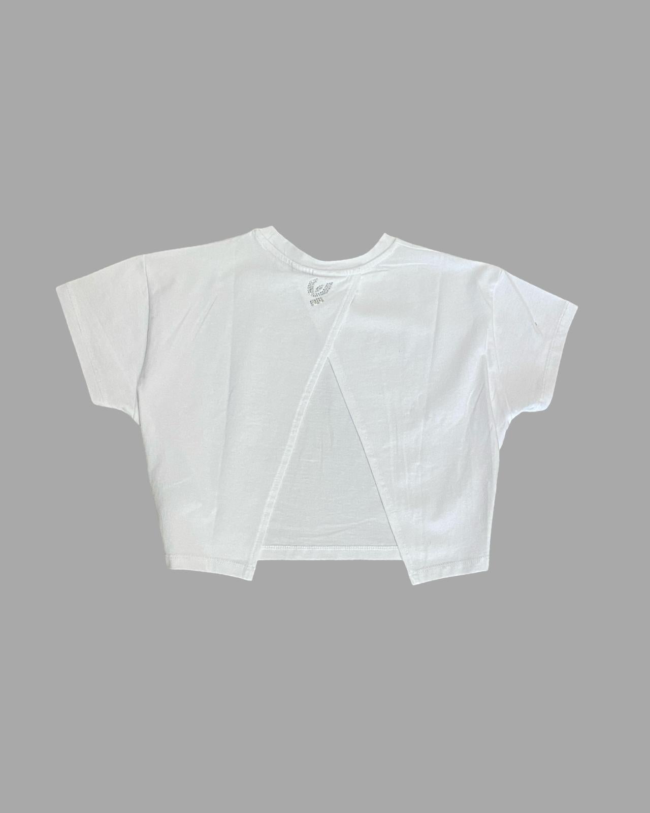 T-Shirt Corta Ragazza Bianca con Logo Brillantini e Schiena Aperta- FREDDY - OOPS by BabyBimbo 0-16