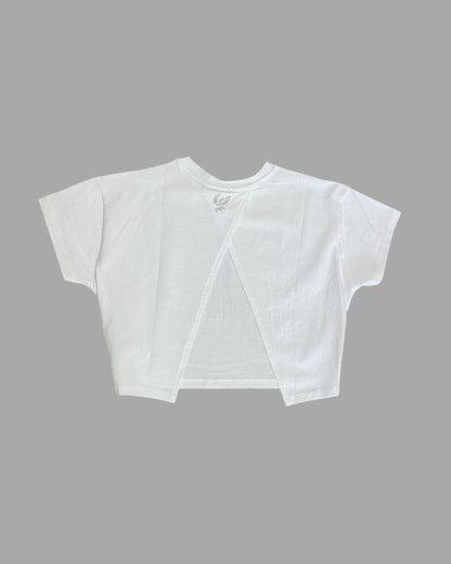 T-Shirt Corta Ragazza Bianca con Logo Brillantini e Schiena Aperta- FREDDY - OOPS by BabyBimbo 0-16