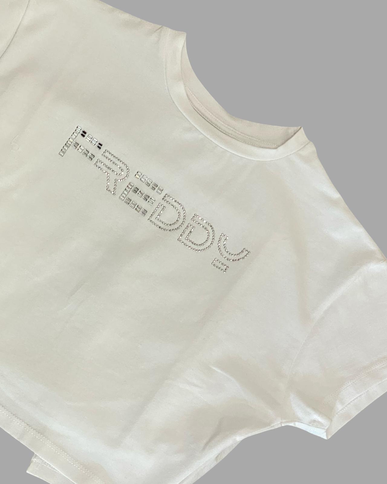 T-Shirt Corta Ragazza Bianca con Logo Brillantini e Schiena Aperta- FREDDY - OOPS by BabyBimbo 0-16