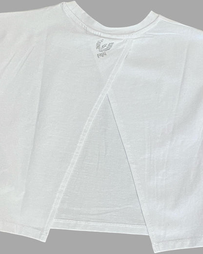 T-Shirt Corta Ragazza Bianca con Logo Brillantini e Schiena Aperta- FREDDY - OOPS by BabyBimbo 0-16