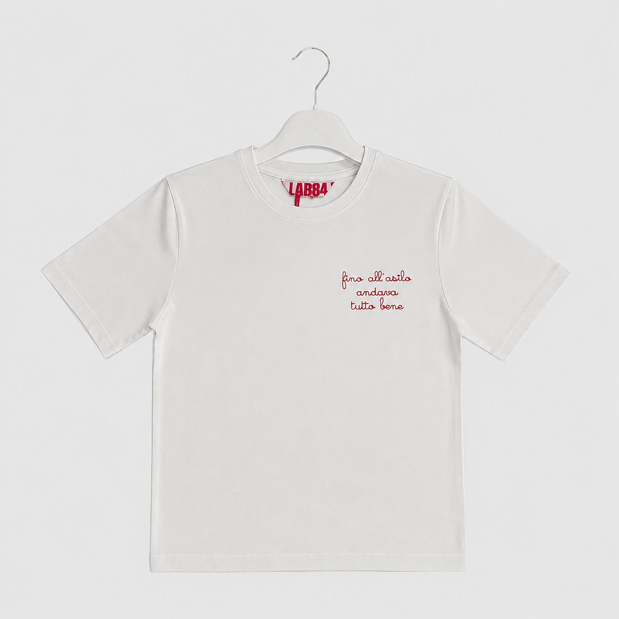 T-Shirt Unisex Bianca in Cotone con Ricamo Rosso - Lab84 - OOPS by BabyBimbo 0-16