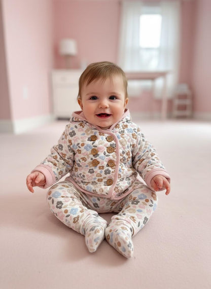 Giacca in Maglia Reversibile Neonato Rosa con Stampa Floreale e Cappuccio
